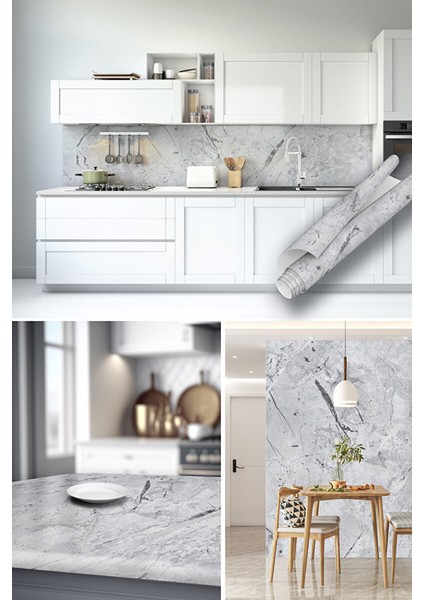 Gri Mermer Desenli Yapışkanlı Folyo Kendinden Yapışkan Granit Görünümlü Kaplama Kağıdı 0204 90X500 cm