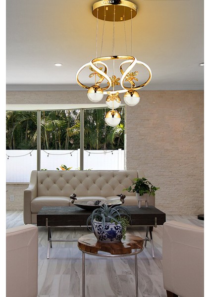 Luxury LED Avize Kumandalı 3 Renk Modern Sarkıt Kristal Taşlı LED Avize Gold Sarı