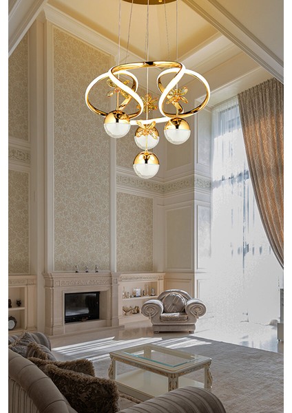 Luxury LED Avize Kumandalı 3 Renk Modern Sarkıt Kristal Taşlı LED Avize Gold Sarı