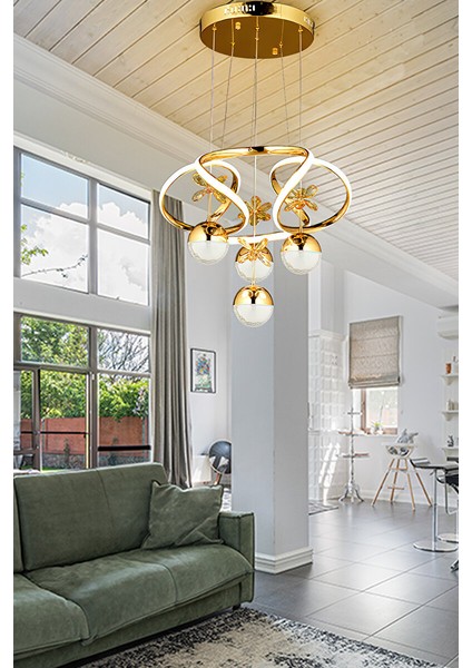 Luxury LED Avize Kumandalı 3 Renk Modern Sarkıt Kristal Taşlı LED Avize Gold Sarı