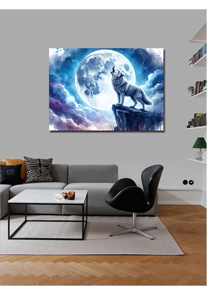 Kanvas Tablo Uluyan Kurt ve Ay 100X140 cm modelleri
