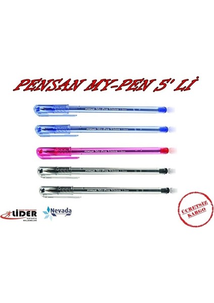My-Pen Tükenmez Kalem 2 Siyah 2 Mavi 1 Kırmızı 1mm Uçlu
