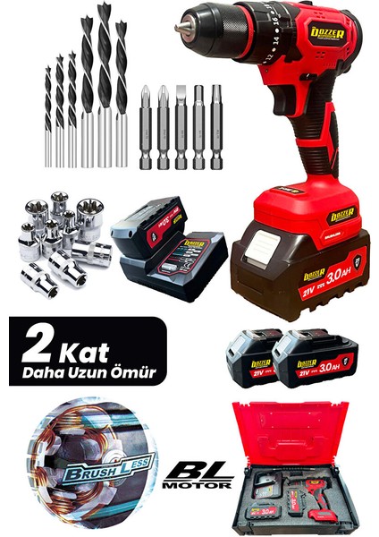 BN213D Darbeli Kömürsüz Motor 21V 3AH 2x Akülü Şarjlı Akülü Vidalama Matkap