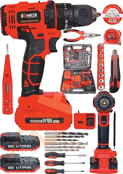 Böhr 58V 5AH Darbeli Metal Şanzıman 32 Parça Full Set Red Çift Akülü Şarjlı Vidalama Matkap