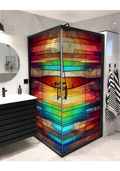 Sf 621 Modern Görünümlü Renkli Şeffaf Vitray Cam Kaplama Yapışkanlı Folyo 90X100 cm