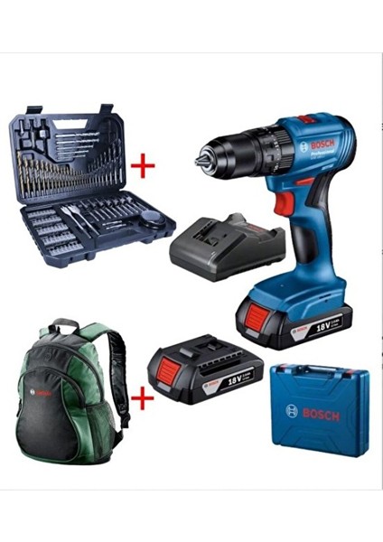 Gsb 185-LI 2AH 18V Çift Akülü Darbeli Delme Vidalama 103 Parça Aksesuar Seti+Sırt Çantası