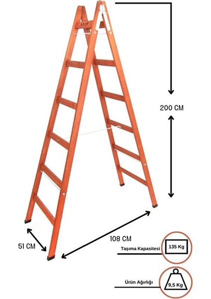 6 Basamaklı Ahşap Merdiven 2 mt