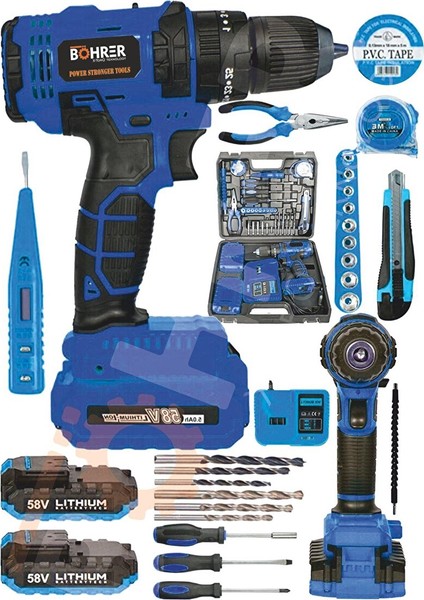 Böhr 58V 5AH Darbeli Metal Şanzıman 32 Parça Full Set Blue Çift Akülü Şarjlı Vidalama Matkap