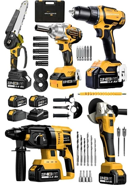 Kömürsüz Motor 5li Set Akülü Taşlama Matkap Somun Sıkma Kırıcı Delici & Dal Budama Testere Makinesi