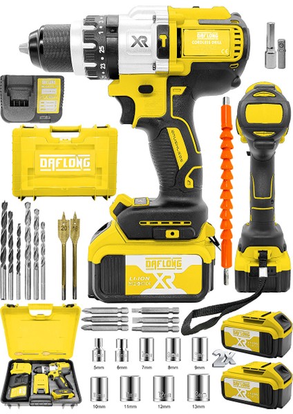 Brushless 21V 3 Ah Çelik Şanzıman 10 Pilli Çift Akülü Darbeli Şarjlı Matkap Vidalama-Sari fiyatları