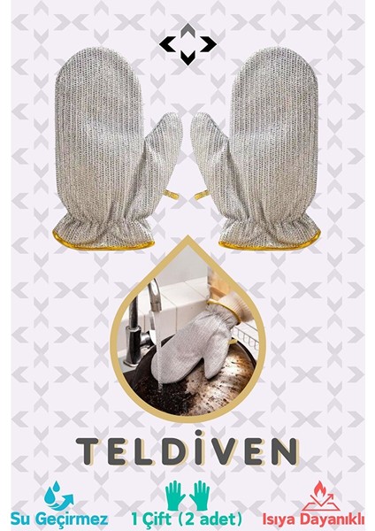 1 Çift Teldiven Bez 2 Adet Çelik Su Geçirmez Tel Bulaşık Eldiveni Çok Amaçlı Eldiven Su Geçirmez