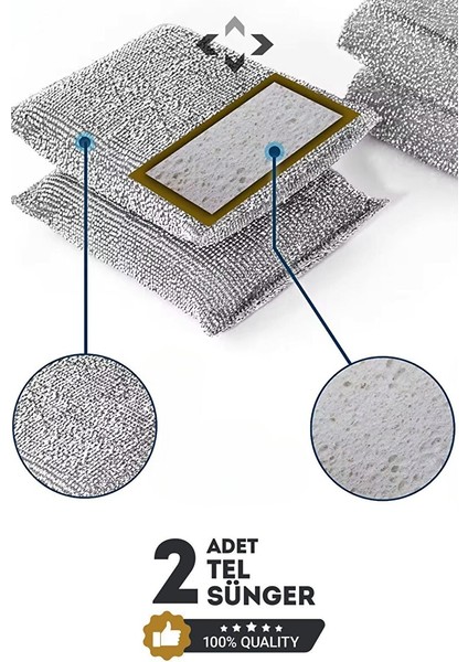 2 Adet Inox Tel Bez Sünger Çok Amaçlı Highqual Bulaşık Süngeri Yüksek Emici Sünger Tel Sünger