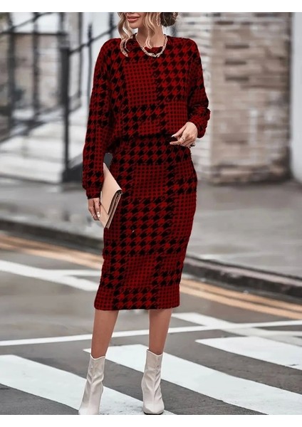 Kadın Uzun Kollu Bisiklet Yaka Şardonlu Dalgıç Bluz ve Yırtmaçlı Midi Etek Takım