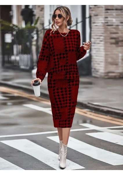 Kadın Uzun Kollu Bisiklet Yaka Şardonlu Dalgıç Bluz ve Yırtmaçlı Midi Etek Takım fiyatları