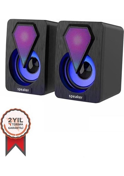 Torima Işıklı Bilgisayar Hoparlörü 1+1 Ses Sistemi 3.5mm Jack Girişli Multimedia USB Speaker D-04