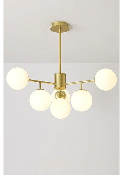 Sicilya Modern Eskitme Kasa Beyaz Globe Camlı Altılı Avize