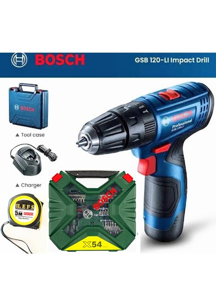 Gsb 120 Li Darbeli (Tek Akülü) Matkap Vidalama ,bosch X-Line 54 Parça Aksesuar Seti ve Metre