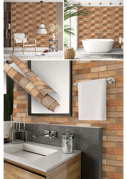 Kahverengi Tuğla Görünümlü Yapışkanlı Folyo, Mat Mutfak Banyo Kaplama Folyosu 1406 90X500 cm