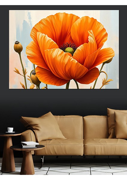 Turuncu Gelincik Çiçek Açıyor Dekoratif Kanvas - Mdf Ahşap Tablo 35X50 cm