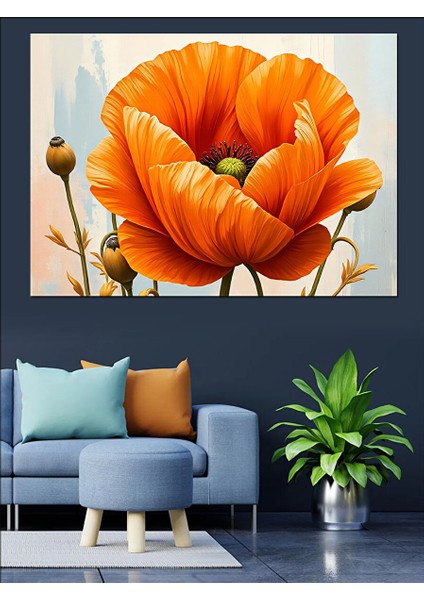 Turuncu Gelincik Çiçek Açıyor Dekoratif Kanvas - Mdf Ahşap Tablo 35X50 cm