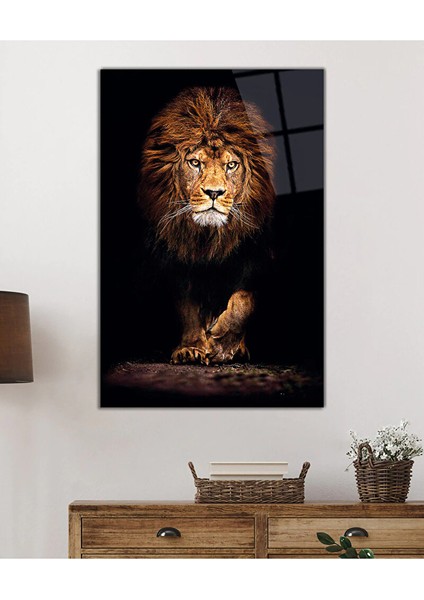 Aslan Hayvan Portresi Uv Baskılı Cam Tablo, Ev ve Ofis Duvar Dekoru Hediyelik 46X71 cm