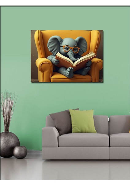 Kanvas Tablo Koltukta Kitap Okuyan Fil 50X70 cm modelleri