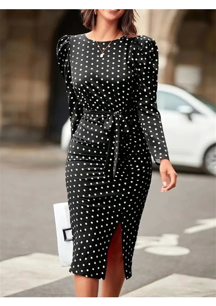 Kadın Uzun Kollu Yuvarlak Yaka Belden Kuşaklı Önden Yırtmaçlı Örme Krep Elbise fiyatları