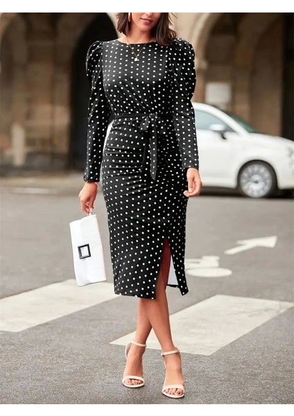 Kadın Uzun Kollu Yuvarlak Yaka Belden Kuşaklı Önden Yırtmaçlı Örme Krep Elbise indirimleri