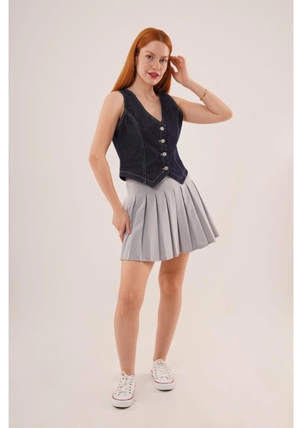 Düğme ve Ön Dikiş Detaylı Lacivert Jean Yelek fiyatları