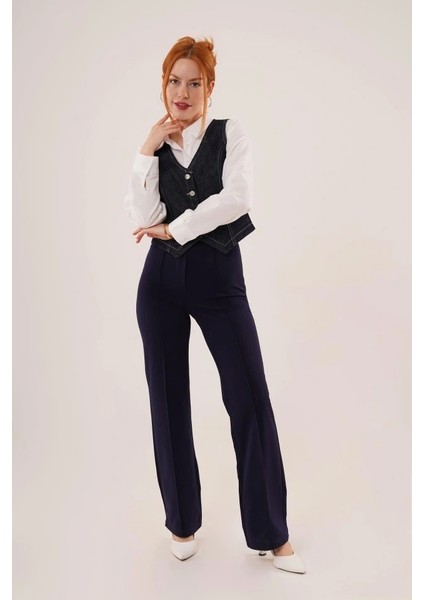 Düğme ve Ön Dikiş Detaylı Lacivert Jean Yelek fırsatları