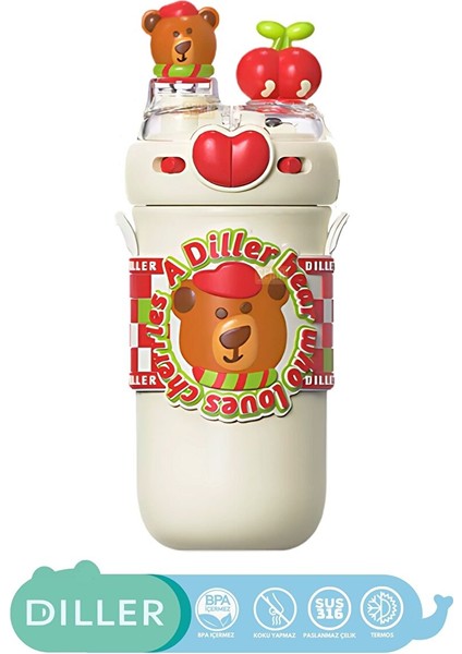 Diller 520ML Yeni Koleksiyon Sevimli Hayvanlar Süslü Pipetli/pipetsiz Boyun Askılı Paslanmaz Çelik Termos Diller Bear