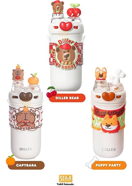 Diller 520ML Yeni Koleksiyon Sevimli Hayvanlar Süslü Pipetli/pipetsiz Boyun Askılı Paslanmaz Çelik Termos Diller Bear