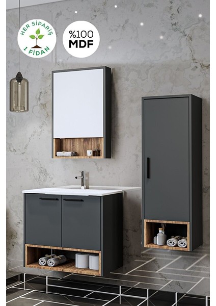 Banyo Karanfil Demonte 80 cm Antrasit Lavabolu Banyo Dolabı Aynalı Üst Dolap ve Boy Dolabı