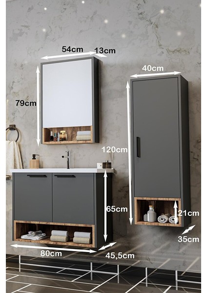 Banyo Karanfil Demonte 80 cm Antrasit Lavabolu Banyo Dolabı Aynalı Üst Dolap ve Boy Dolabı fiyatları