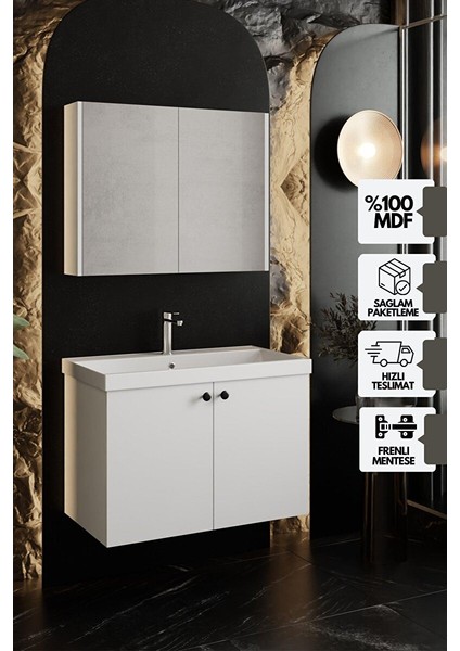 Mimoza 80 cm Mdf,lavabolu,aynalı Banyo Dolabı Seti,seramik Lavabo Dahil Beyaz Mdf