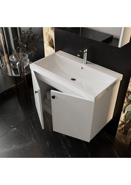 Mimoza 80 cm Mdf,lavabolu,aynalı Banyo Dolabı Seti,seramik Lavabo Dahil Beyaz Mdf