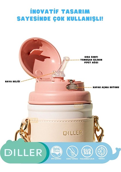 Diller 580ML Yeni Koleksiyon Moda Deri Kılıflı Inci Süslü Pipetli Askılı Paslanmaz Çelik Termos Matara Pembe fiyatları