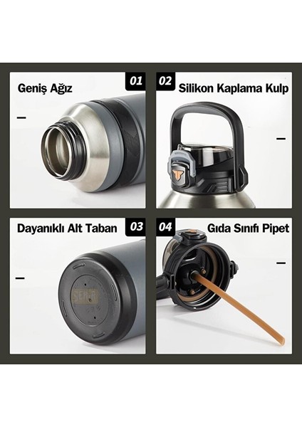 Tkk Yeni Koleksiyon Büyük Boy 1000ML Pipetli/pipetsiz Kullanım Askılı Paslanmaz Çelik Termos Matara Siyah