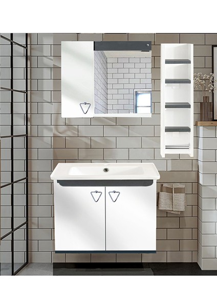 Yıldız 80 cm Komple Mdf Banyo Dolabı, Seramik Lavabolu, Raflı Banyo Dolabı Seti