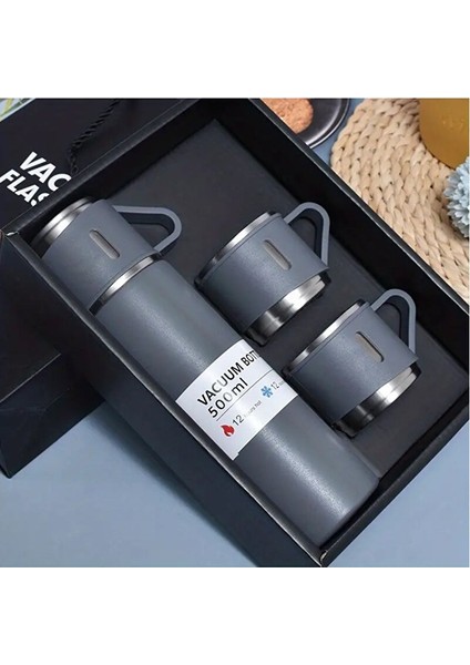 Paslanmaz Çelik Termos Renkli 3 Bardaklı 500 ml Kutulu Set