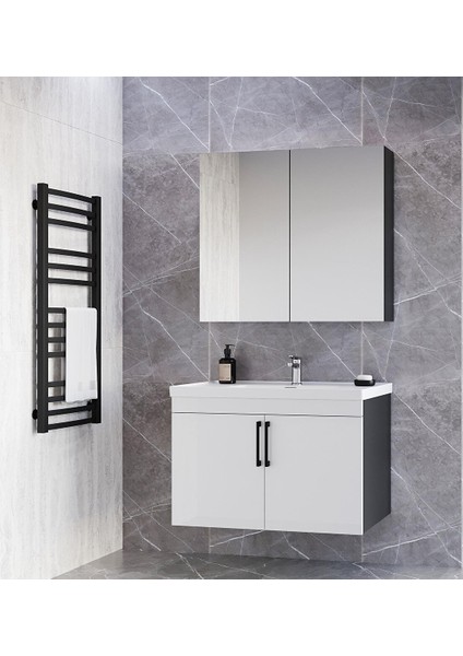 Home Yalova 80CM Antrasit-Parlak Akrilik Beyaz Mdf Banyo Dolabı Seti Antrasit Beyaz