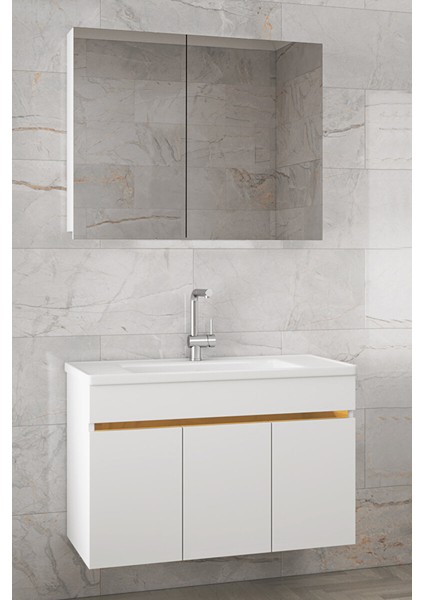 Beyaz 80 cm Mdf Ayna Dolaplı-Seramik Lavabolu Banyo Dolabı