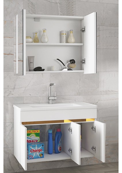 Beyaz 80 cm Mdf Ayna Dolaplı-Seramik Lavabolu Banyo Dolabı fiyatları