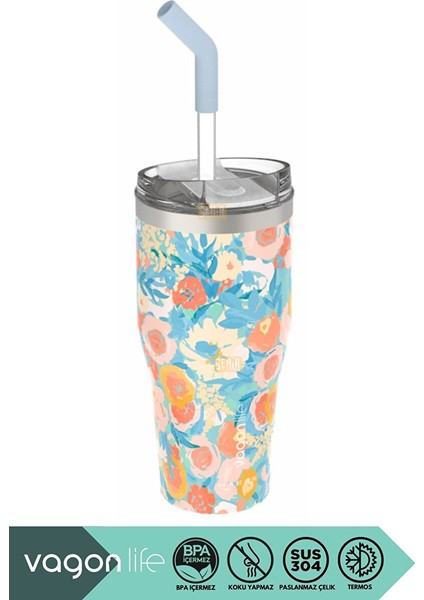 590ML Desenli Pipetli/pipetsiz Çift Kullanım Tumbler Kahve Bardağı/mug Paslanmaz Çelik Termos Flower
