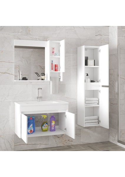 Estella-Oa Beyaz 80 cm + 35 cm Mdf-Aynalı Boy Dolaplı-Lavabolu Banyo Dolabı fiyatları