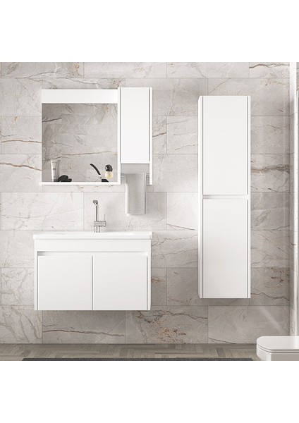 Estella-Oa Beyaz 80 cm + 35 cm Mdf-Aynalı Boy Dolaplı-Lavabolu Banyo Dolabı modelleri