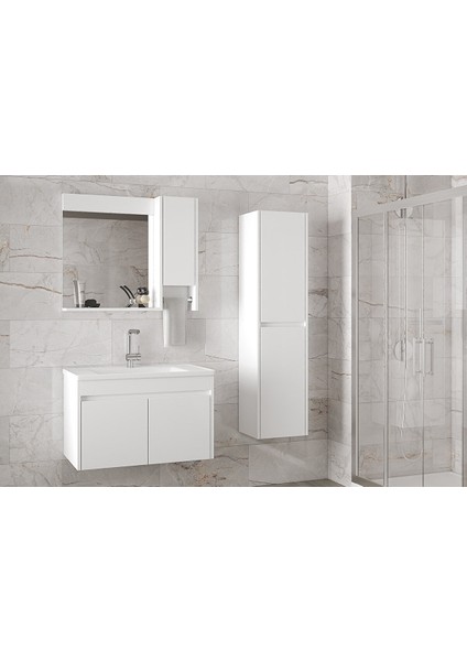 Estella-Oa Beyaz 80 cm + 35 cm Mdf-Aynalı Boy Dolaplı-Lavabolu Banyo Dolabı fırsatları