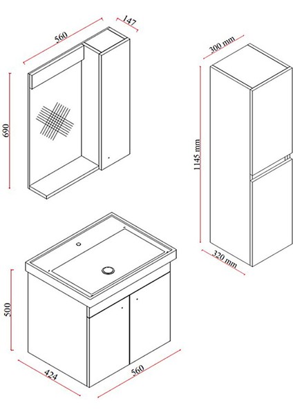 New Bahar 60 cm Lavabolu Banyo Dolabı Seti,boy Dolabı Hediyeli