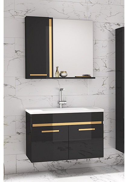 Yeni Gold Siyah 65 cm Aynalı, Seramik Lavabolu Banyo Dolabı Takımı