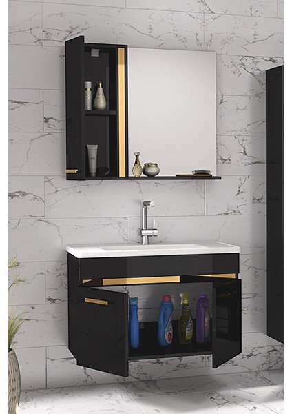 Yeni Gold Siyah 65 cm Aynalı, Seramik Lavabolu Banyo Dolabı Takımı fiyatları